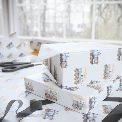 Charming Blue Train Wrapping Paper for Kids – Cute Vintage Locomotive Gift Wrap