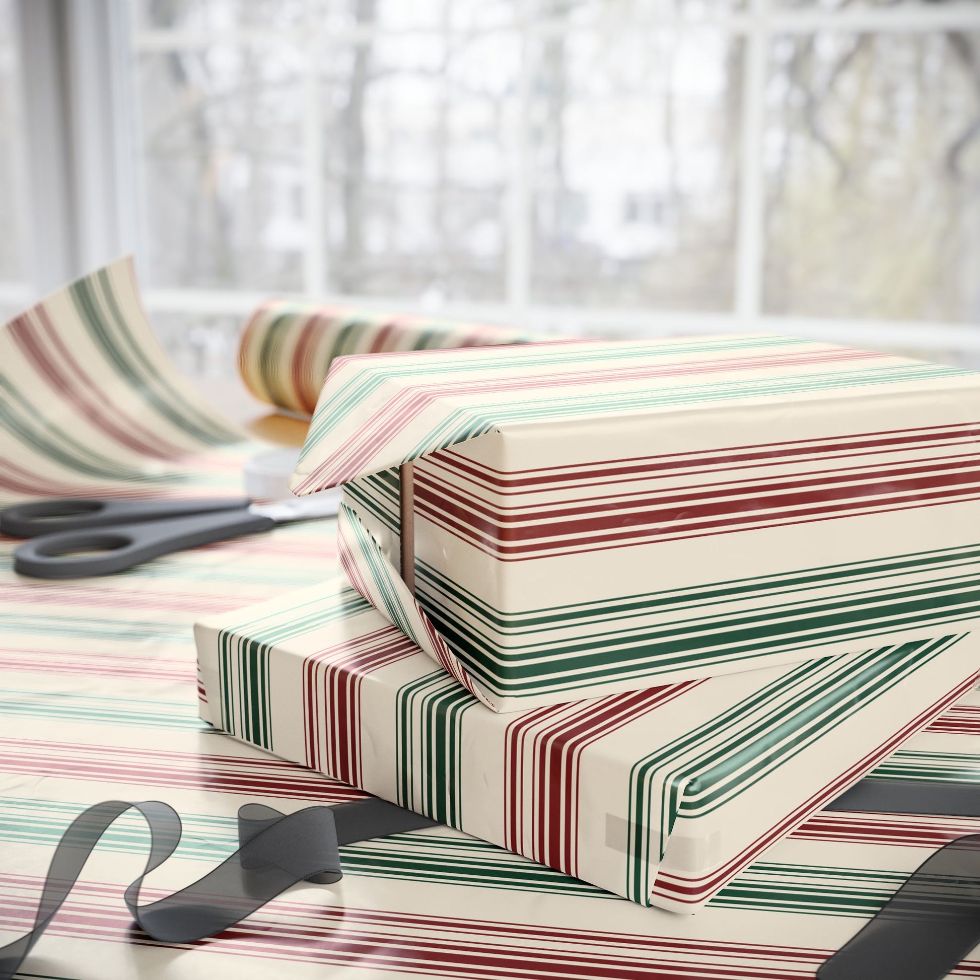 Festive Red & Green Striped Wrapping Paper