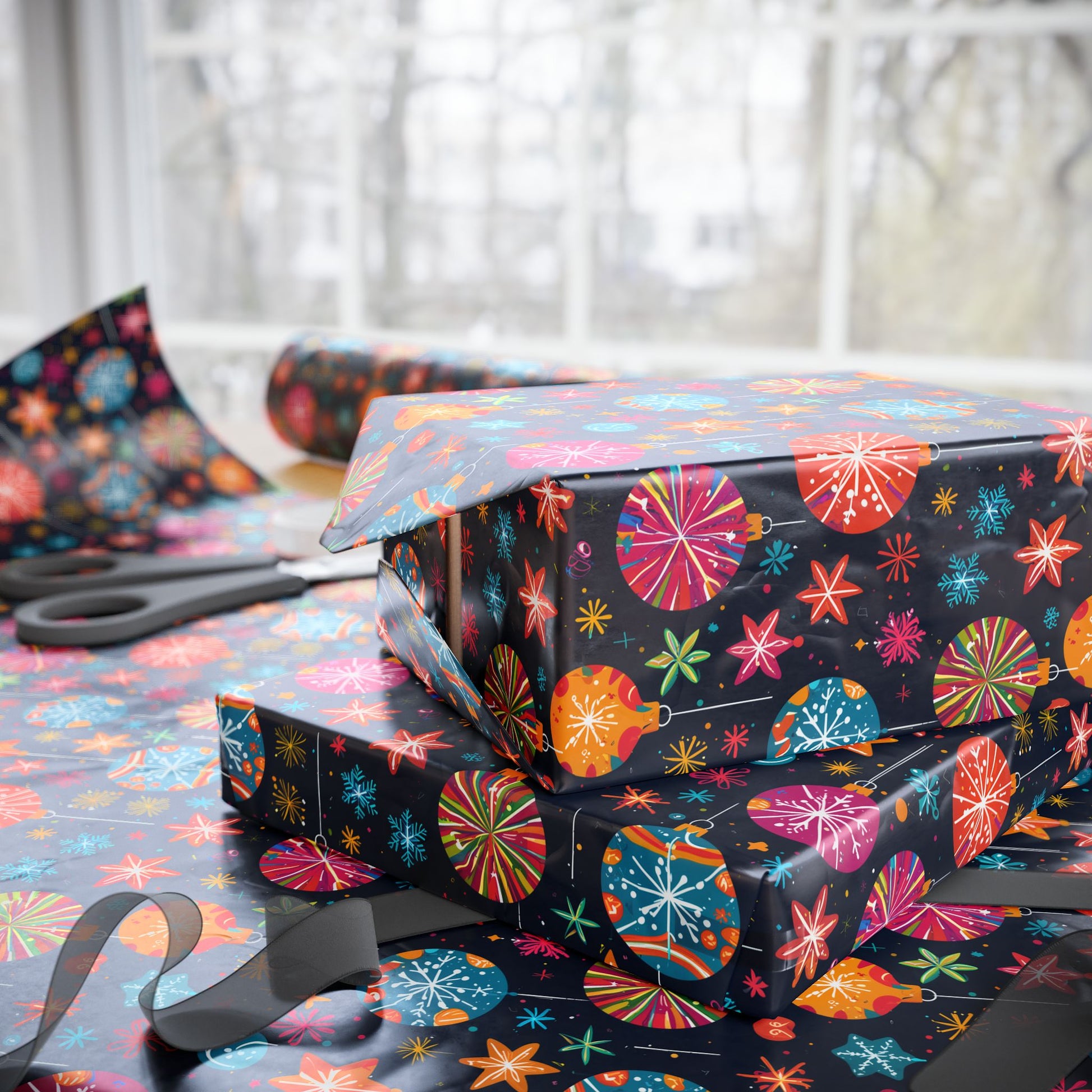 Bauble Blitz – Neon Ornament Holiday Wrapping Paper