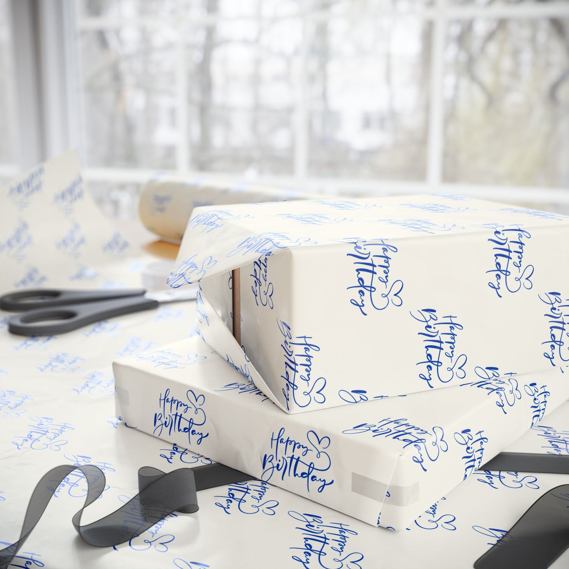 Blue Script Happy Birthday Wrapping Paper