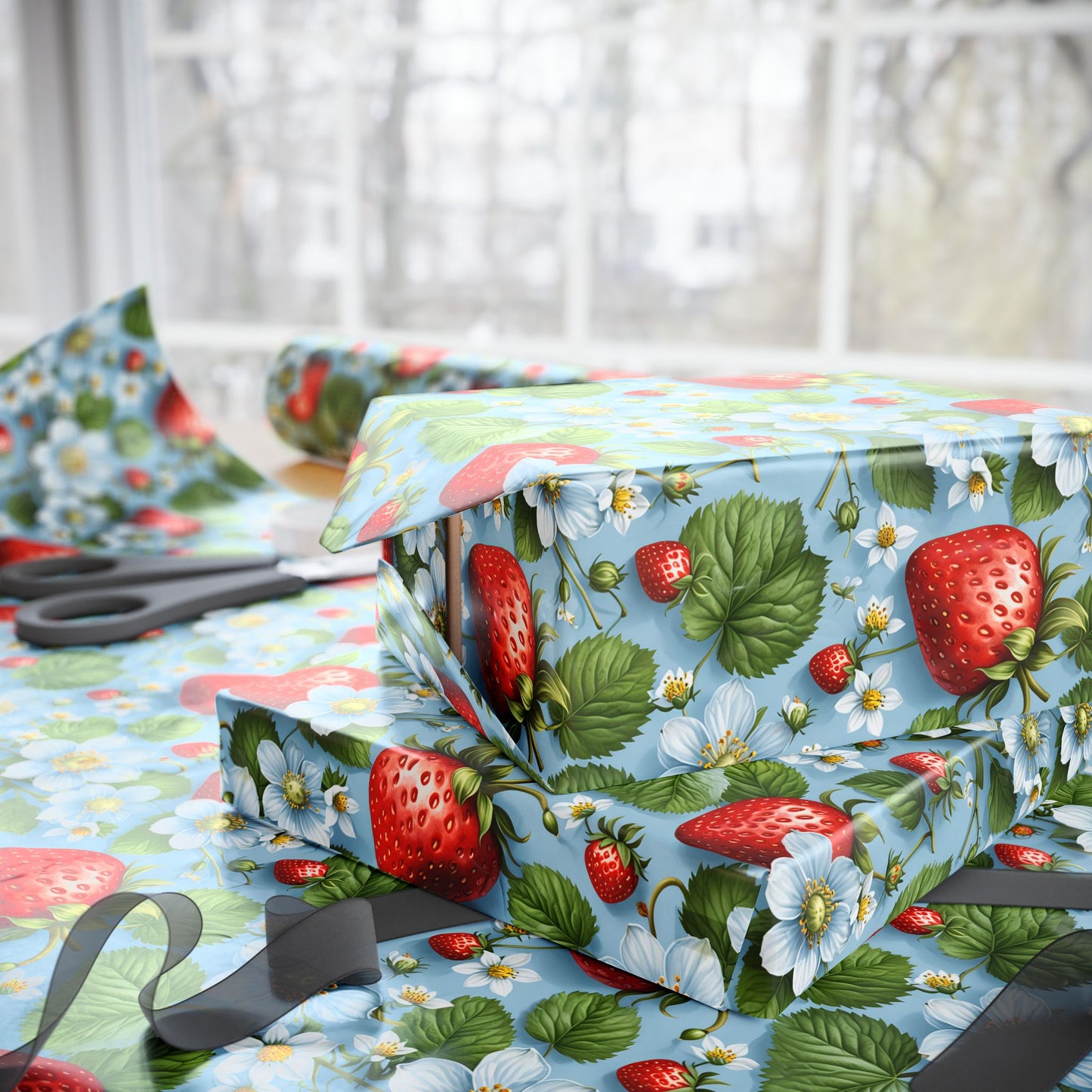 Blue Wrapping Paper featuring Delightful Strawberries
