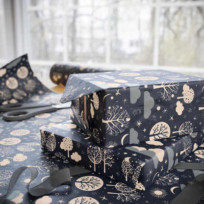 Wrapping Paper - Abstract Moon Stars and Trees in Black and Beige