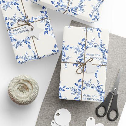 Mazel Tov Bar Mitzvah Blue Floral Gift Wrap