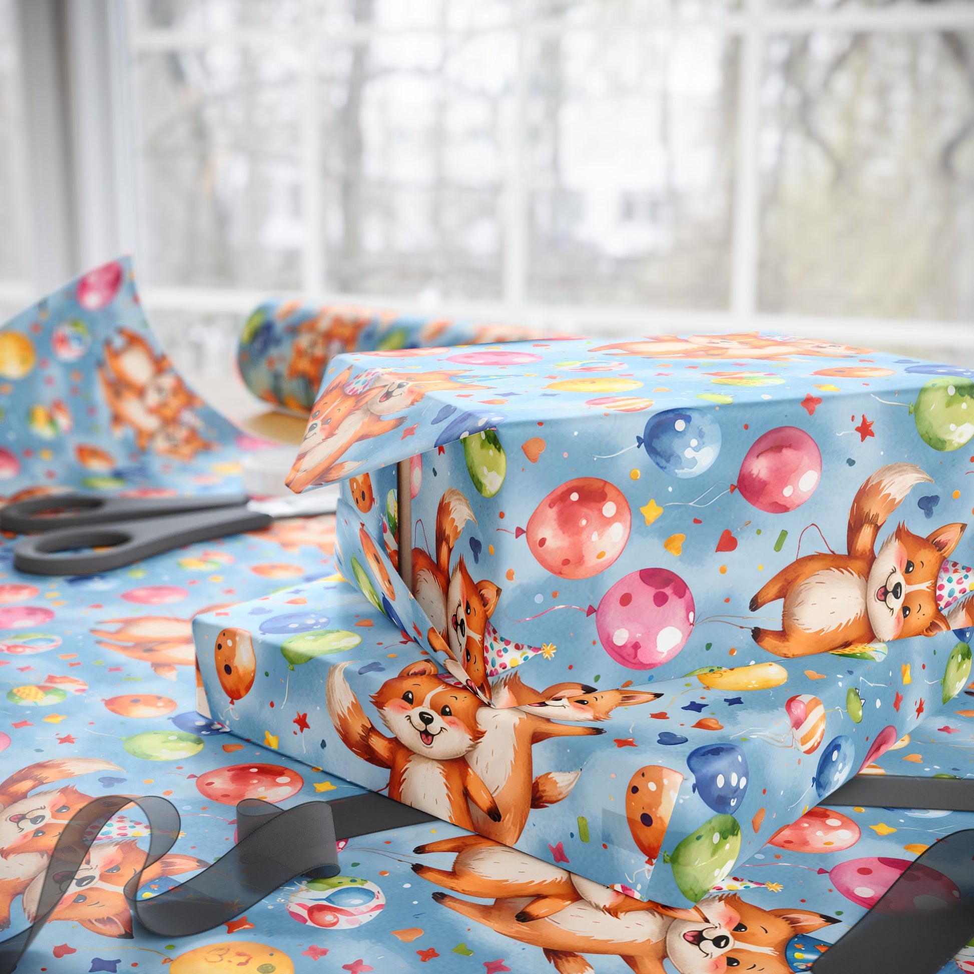 Cute Fox and Balloon Gift Wrap Birthday Party Decor for Kids or Cool Adults
