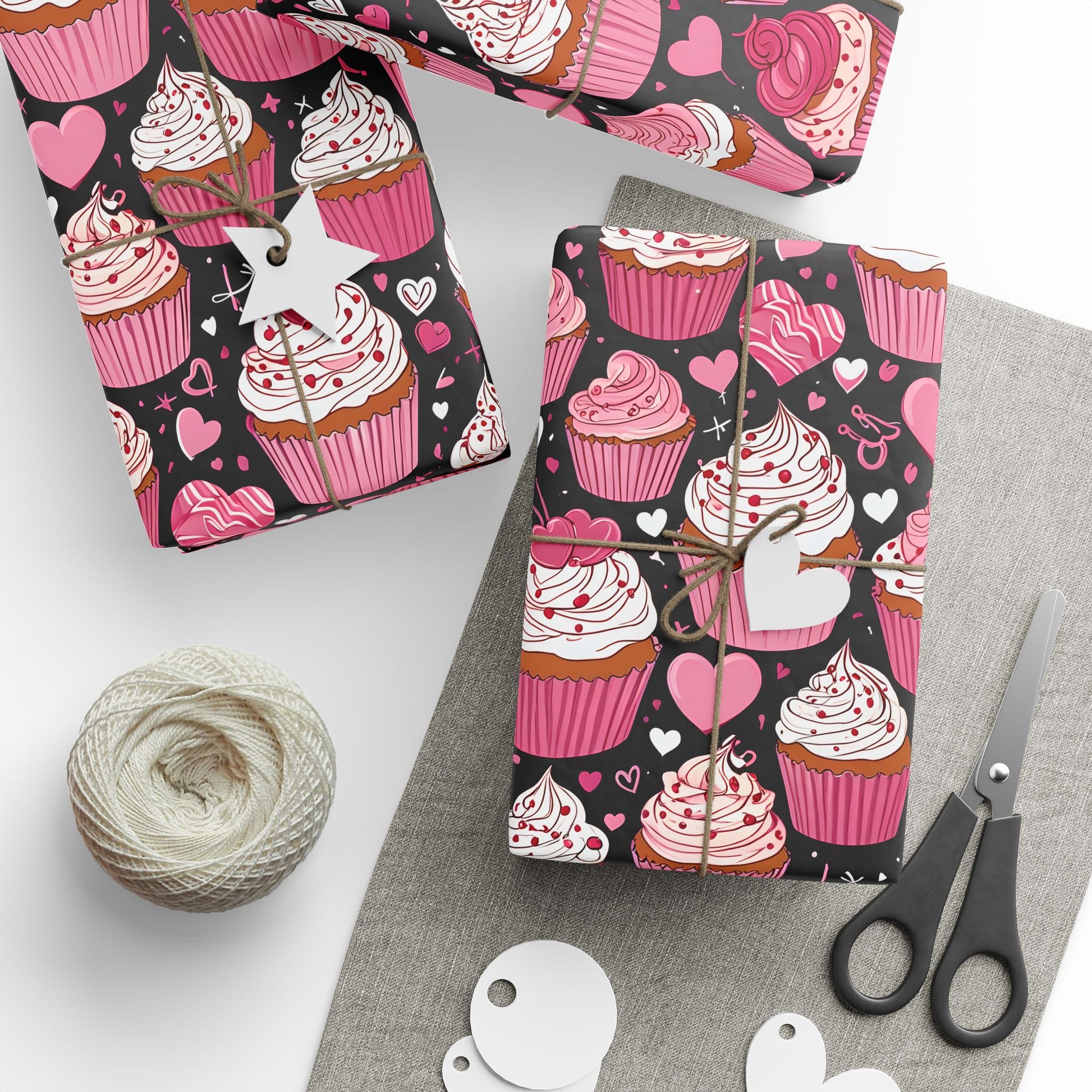 Cupcake and Heart Valentine Gift Paper in pink and white on a black background
