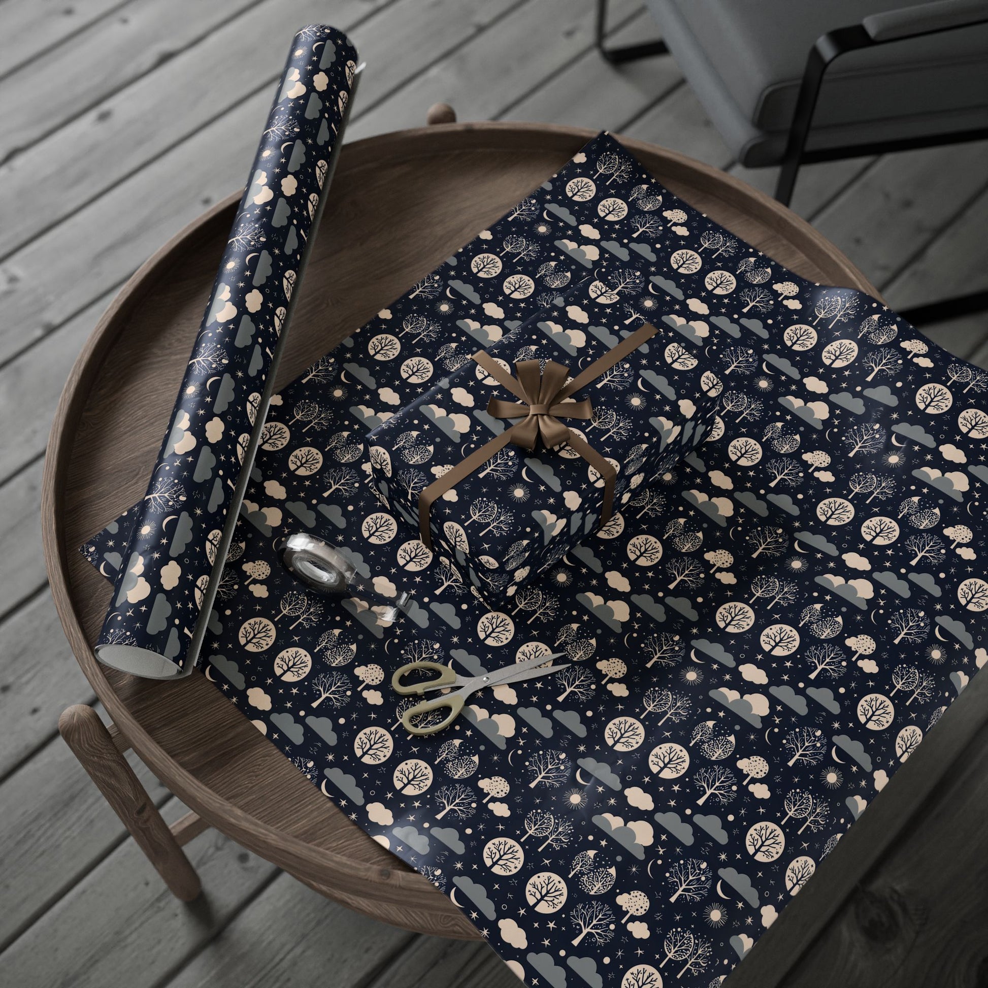 Wrapping Paper - Abstract Moon Stars and Trees in Black and Beige
