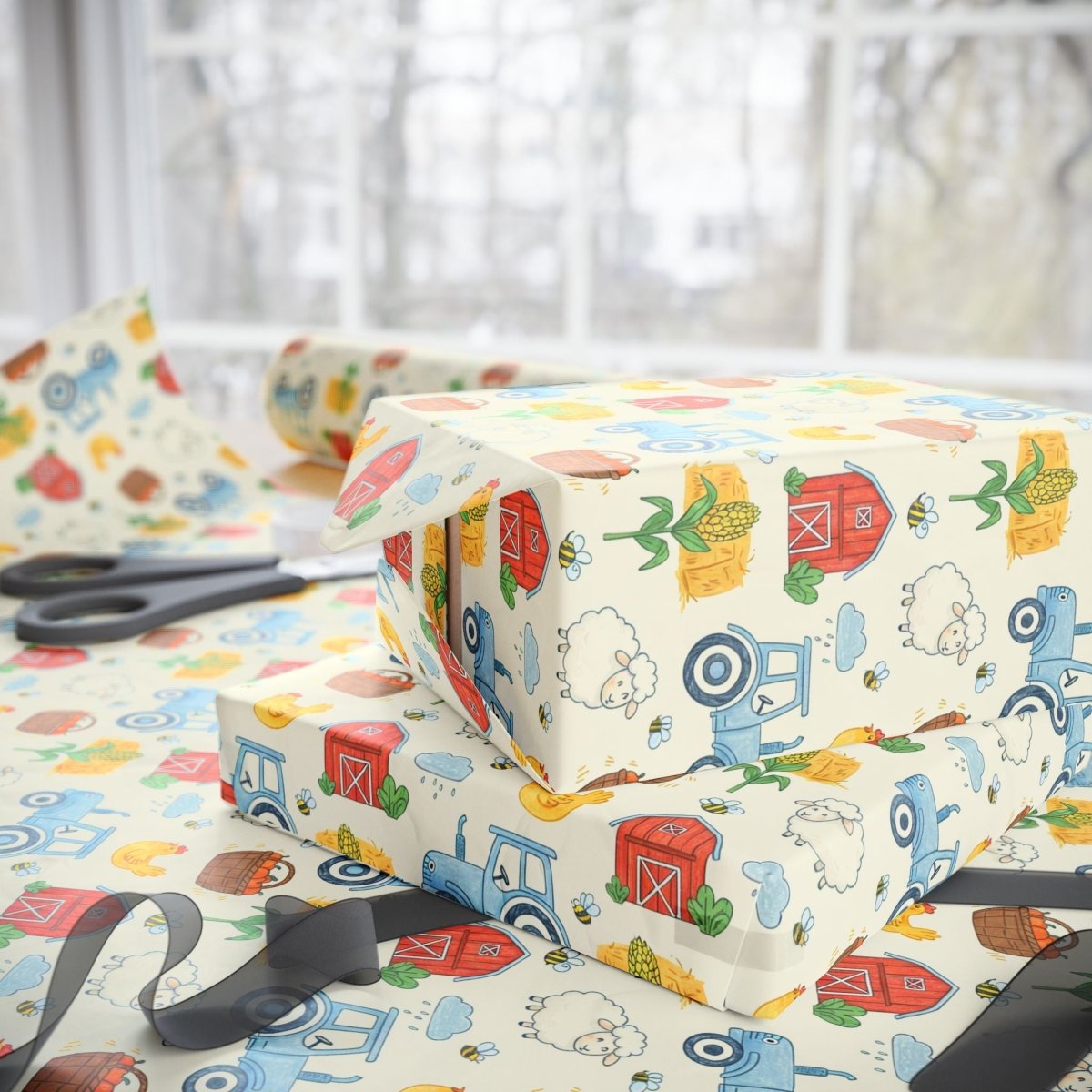 Little Red Barn & Tractor Charm – Whimsical Farm Wrapping Paper