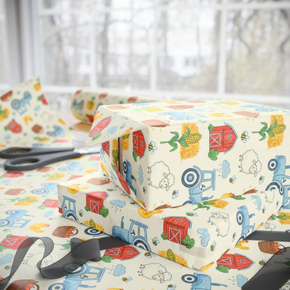 Little Red Barn & Tractor Charm – Whimsical Farm Wrapping Paper