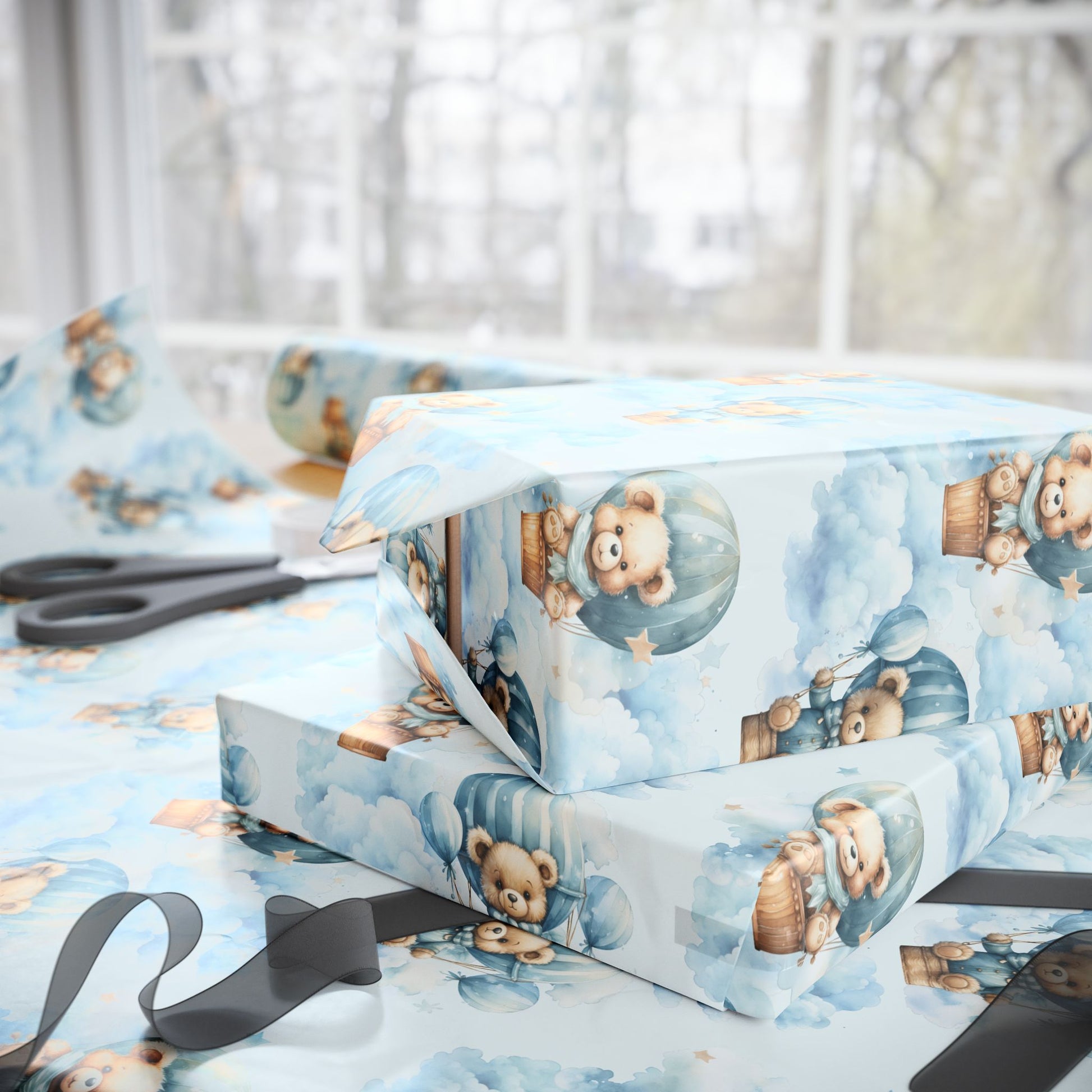 Bears in Blue Hotair Balloons Design