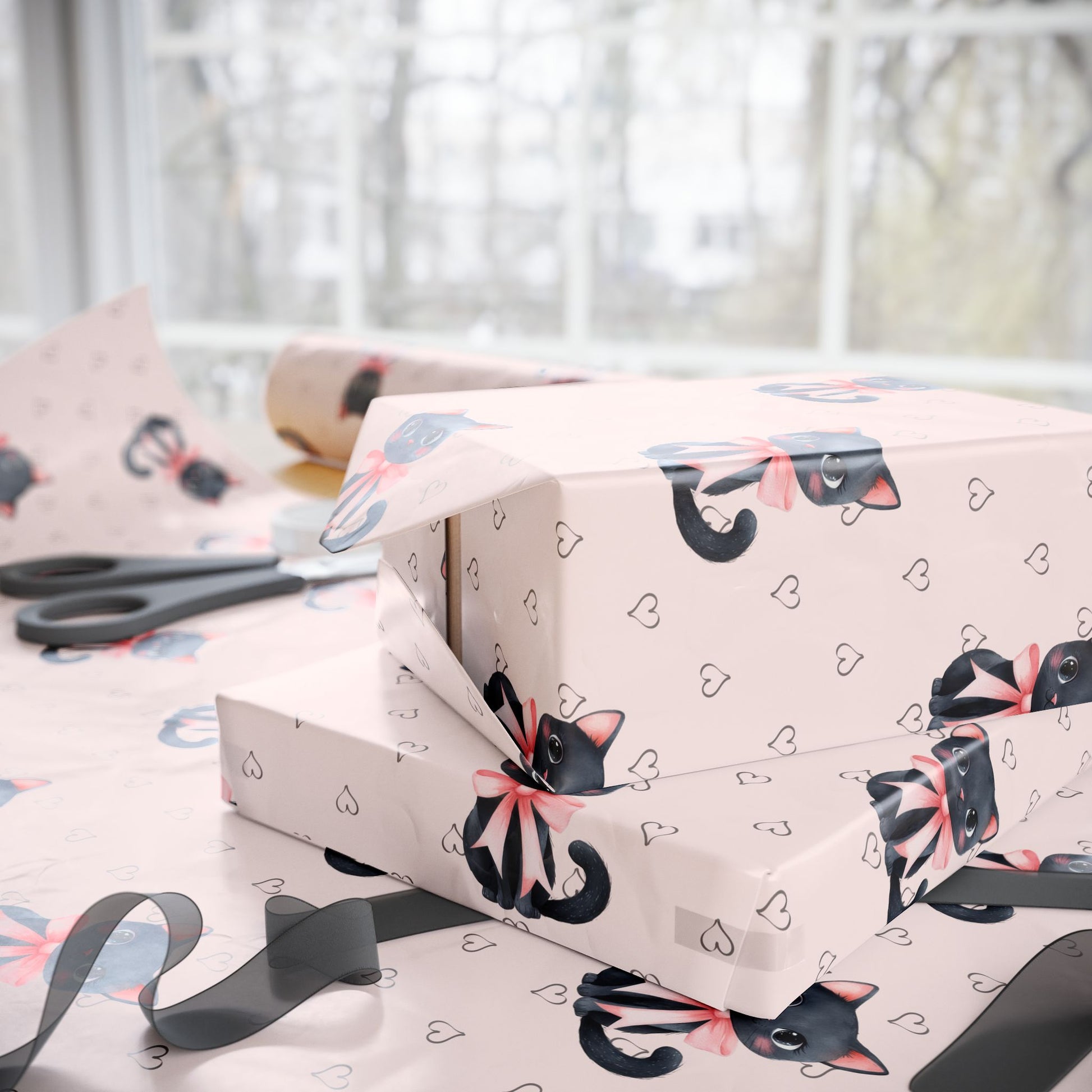 Purrfectly Pink – Black Cat & Bows Wrapping Paper