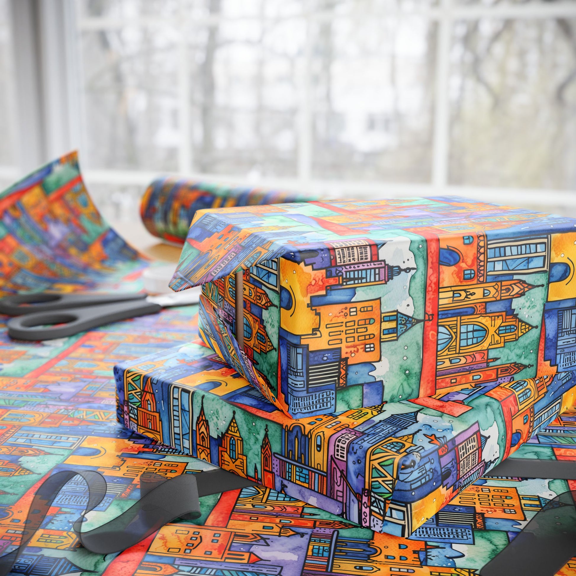 Vibrant Cityscape Wrapping Paper - Festive Gift Wrap