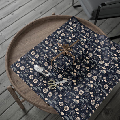 Wrapping Paper - Abstract Moon Stars and Trees in Black and Beige