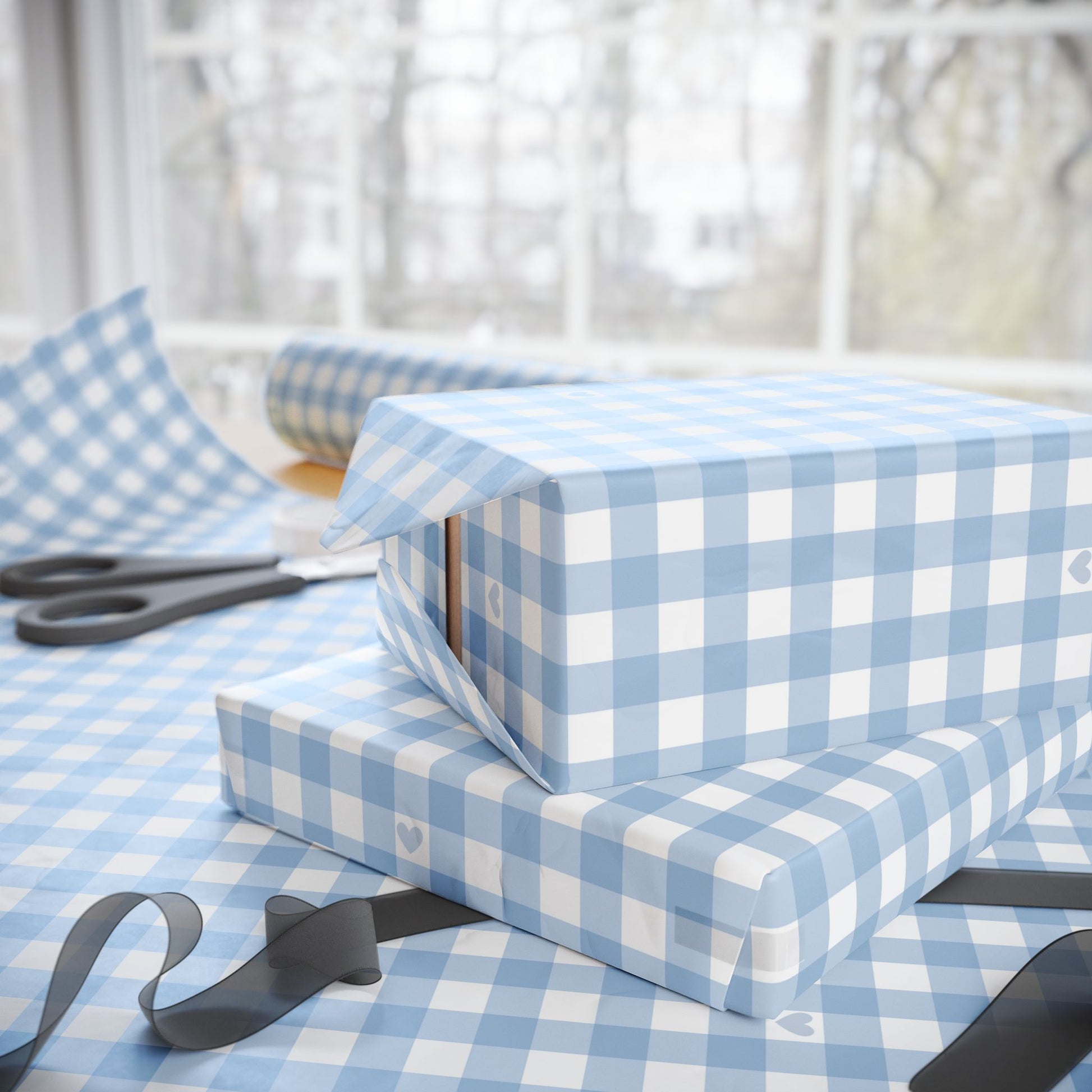 Gingham Blue with Small Hearts Wrapping Papers