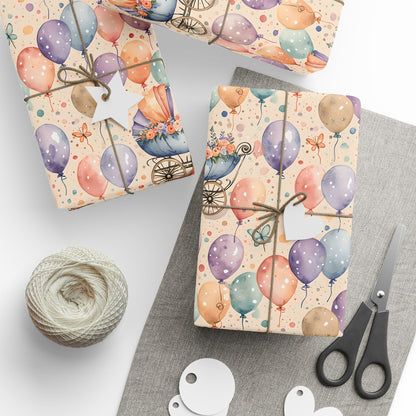 Baby Shower Gift Wrap with Floral Balloons and Baby Carriage Design
