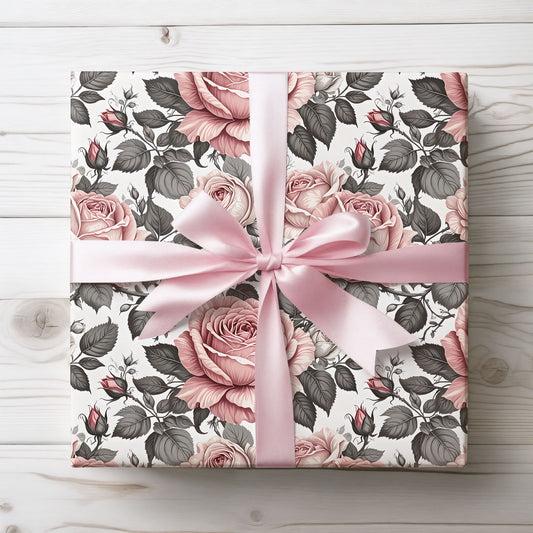 Rose Whispers – Soft Floral Gift Wrap in Pink & Grey