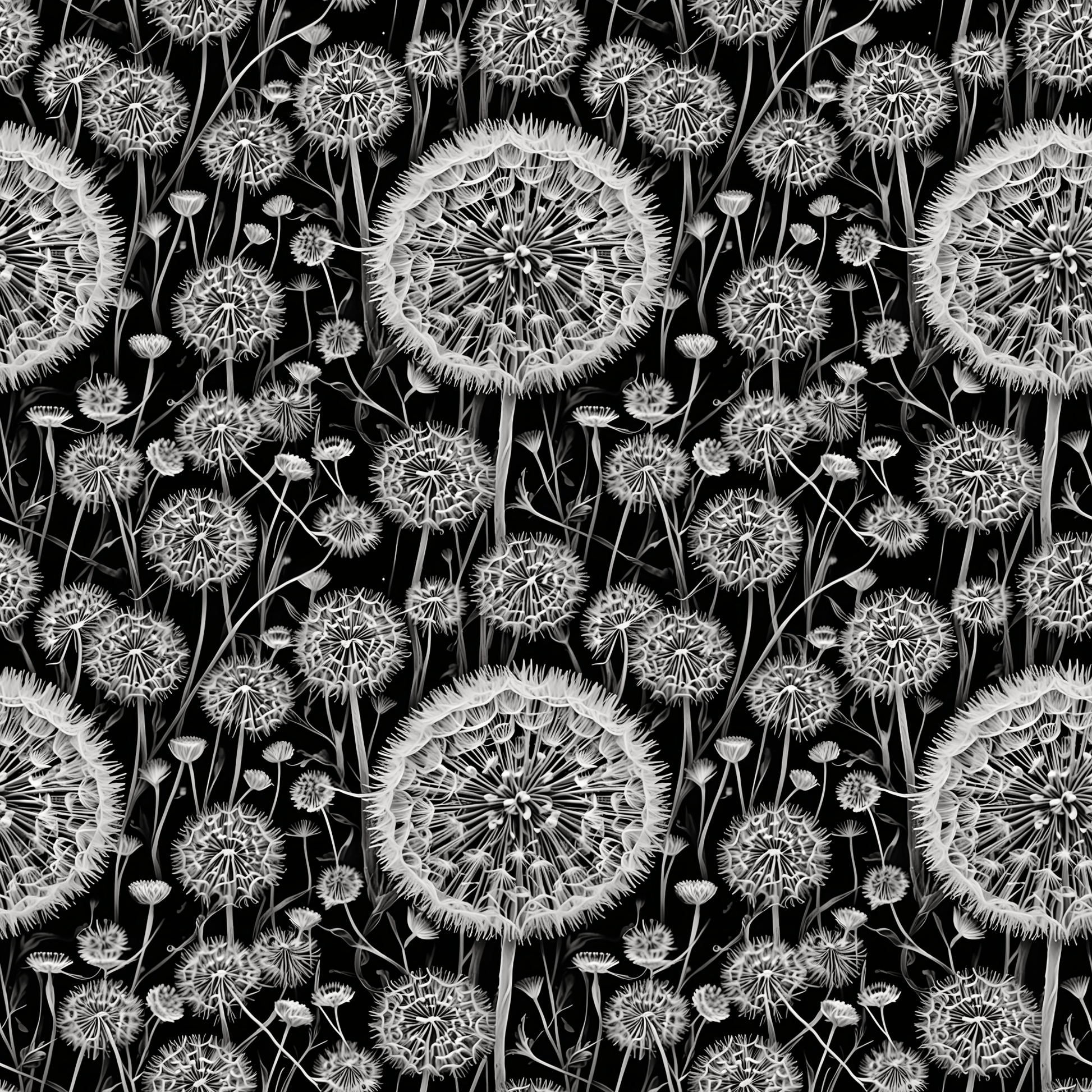 Wrapping Papers - Dandelion Seed Head Flowers Black and White Line Drawings