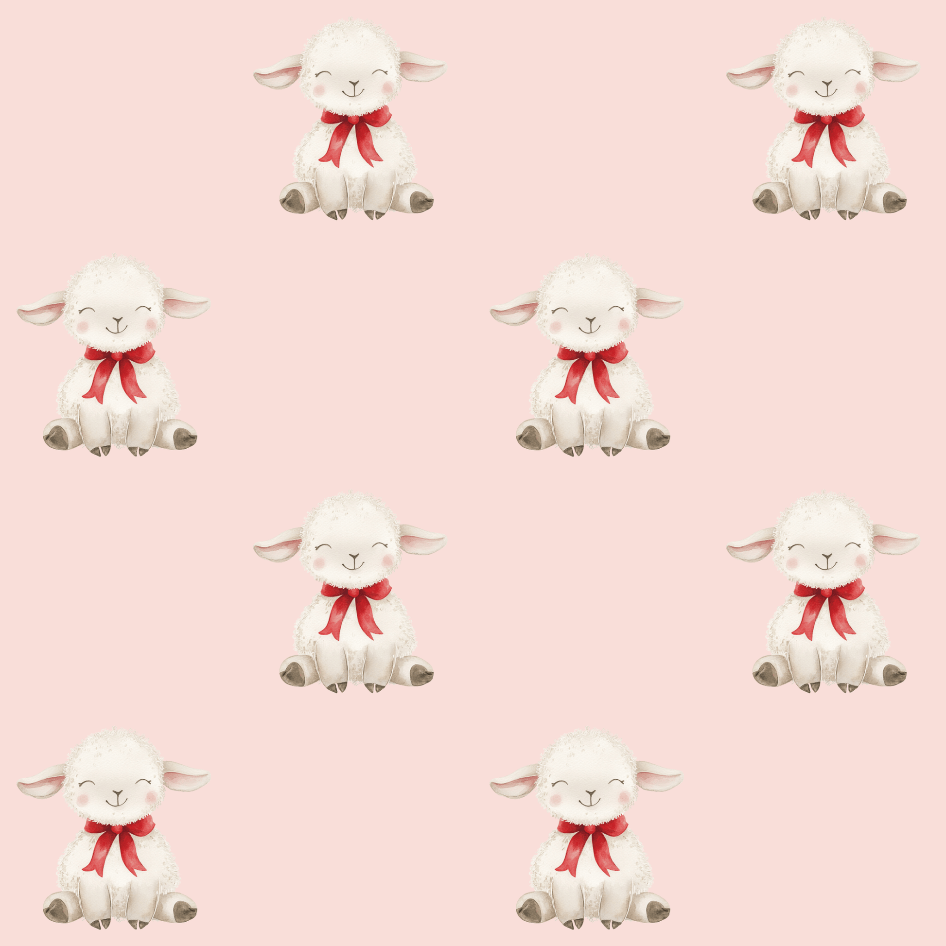 Cute Fluffy Sheep Red Bow Pink Background