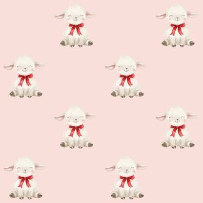 Cute Fluffy Sheep Red Bow Pink Background