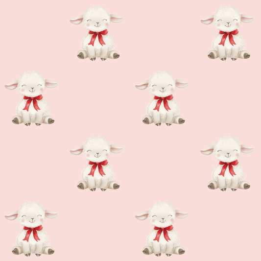 Cute Fluffy Sheep Red Bow Pink Background