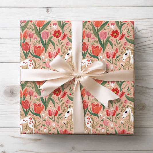 Playful Ponies and Tulips Romantic Gift Wrap