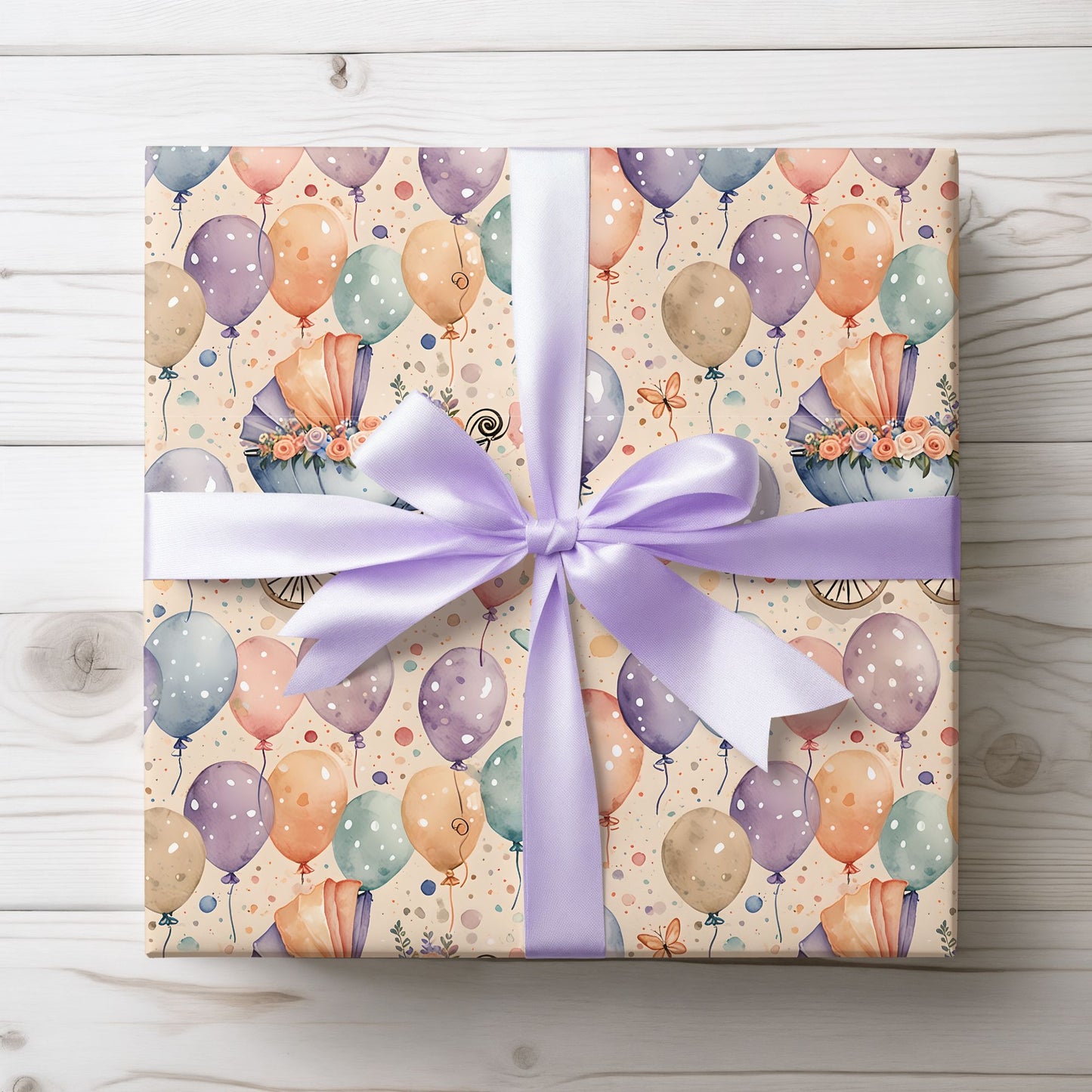 Baby Shower Gift Wrap with Floral Balloons and Baby Carriage Design