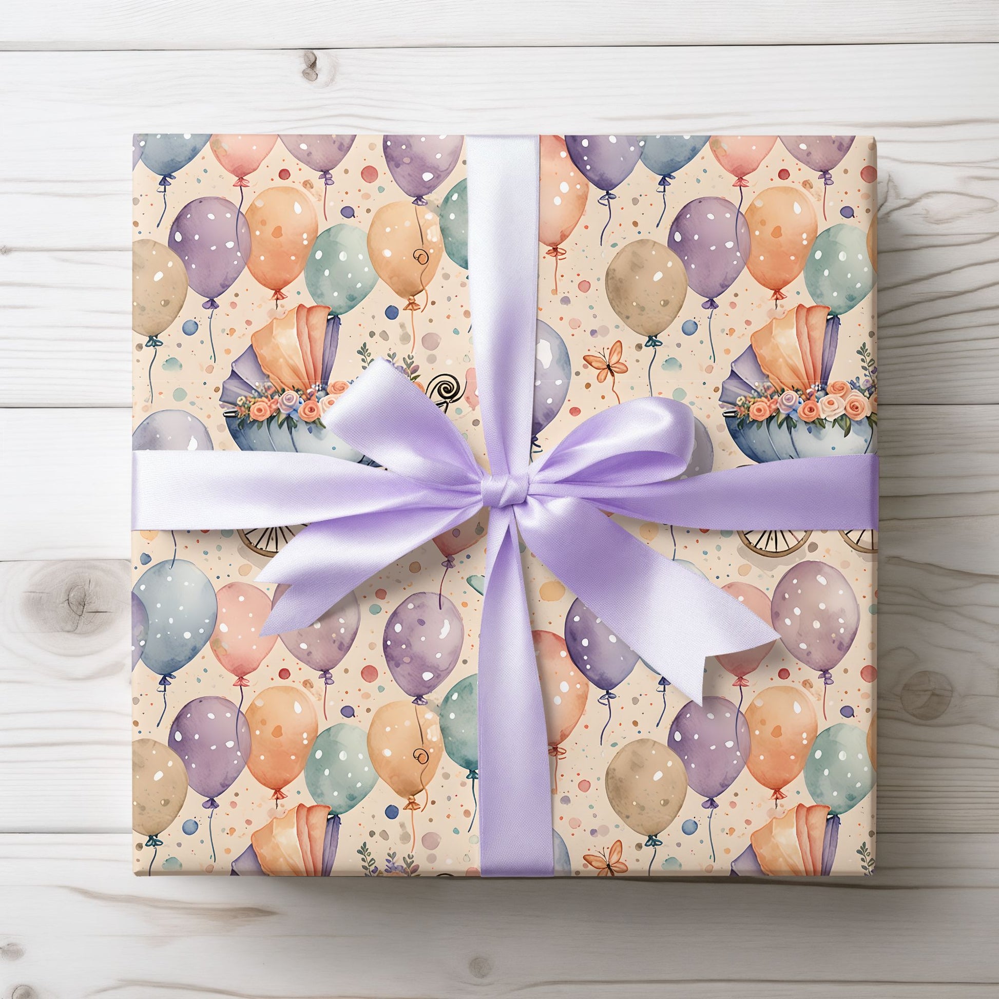 Baby Shower Gift Wrap with Floral Balloons and Baby Carriage Design