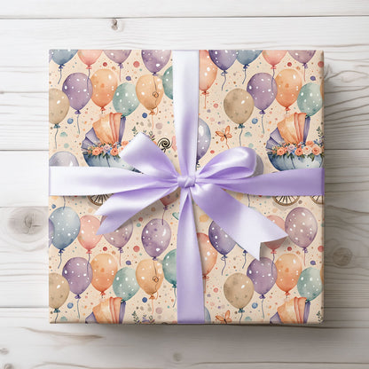 Baby Shower Gift Wrap with Floral Balloons and Baby Carriage Design