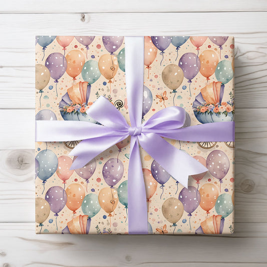 Baby Shower Gift Wrap with Floral Balloons and Baby Carriage Design