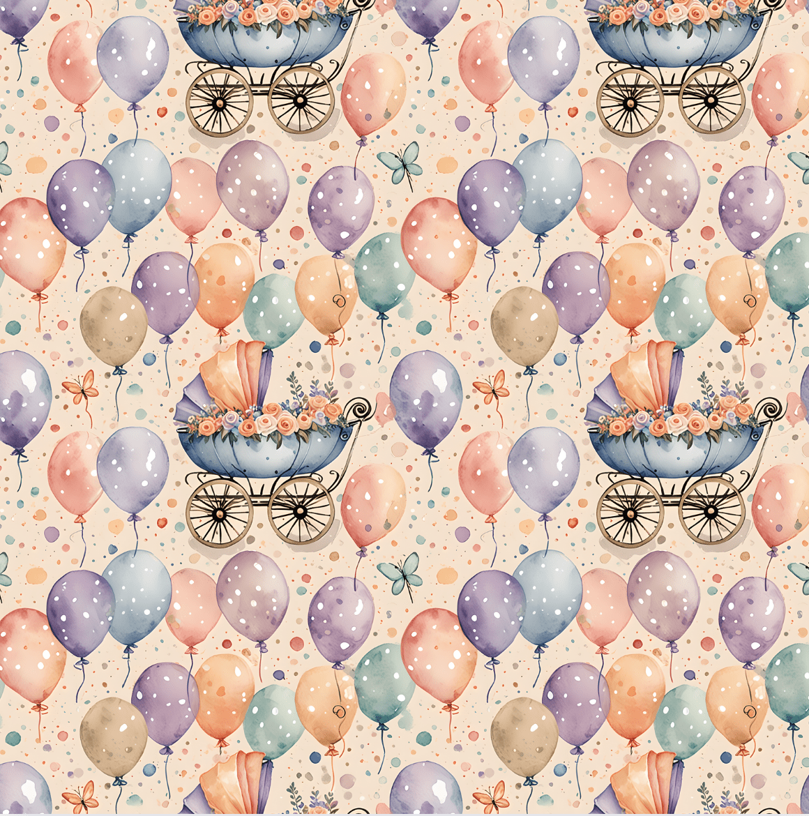Baby Shower Gift Wrap with Floral Balloons and Baby Carriage Design