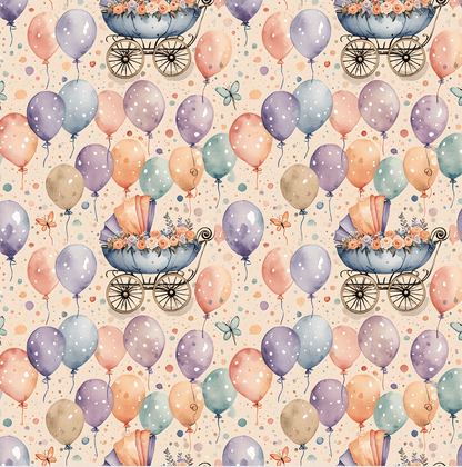 Baby Shower Gift Wrap with Floral Balloons and Baby Carriage Design