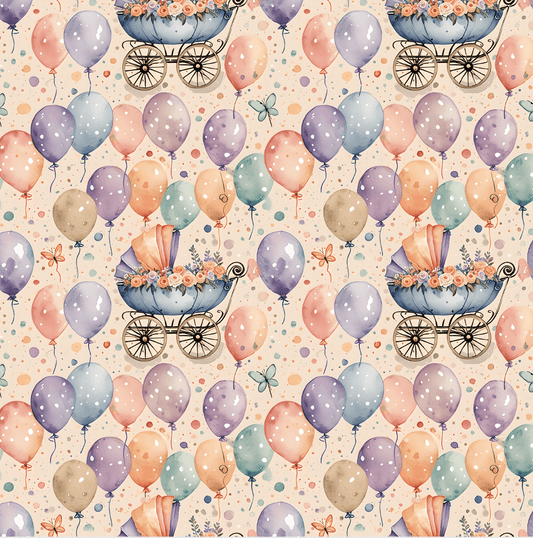 Baby Shower Gift Wrap with Floral Balloons and Baby Carriage Design