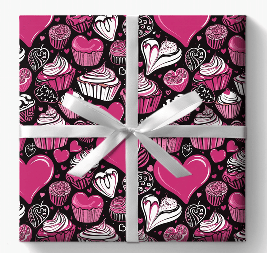 Pink and White Cupcakes and Hearts Valentine Gift Paper