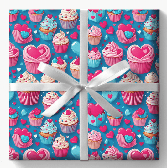 Hearts, Cupcakes, Hot Pink and Blue Valentine Gift Paper