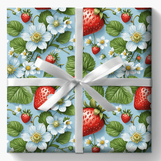 Blue Wrapping Paper featuring Delightful Strawberries