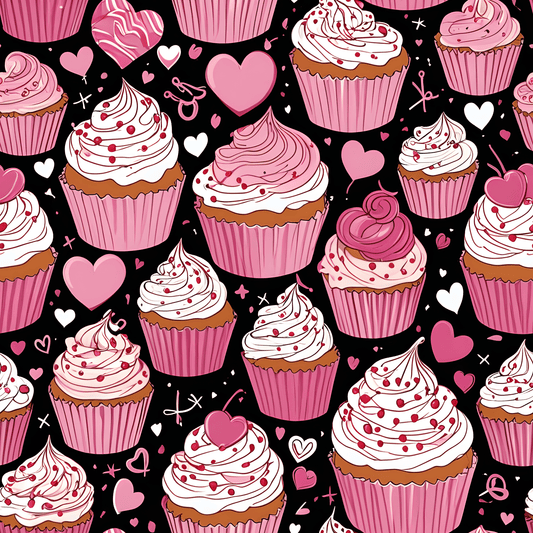 Cupcake and Heart Valentine Gift Paper in pink and white on a black background