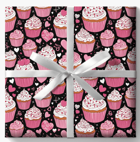Cupcake and Heart Valentine Gift Paper in pink and white on a black background