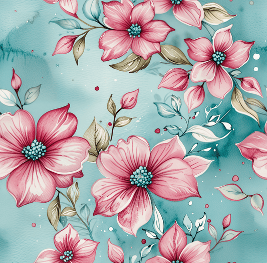 Aqua and Pink Watercolor Flowers