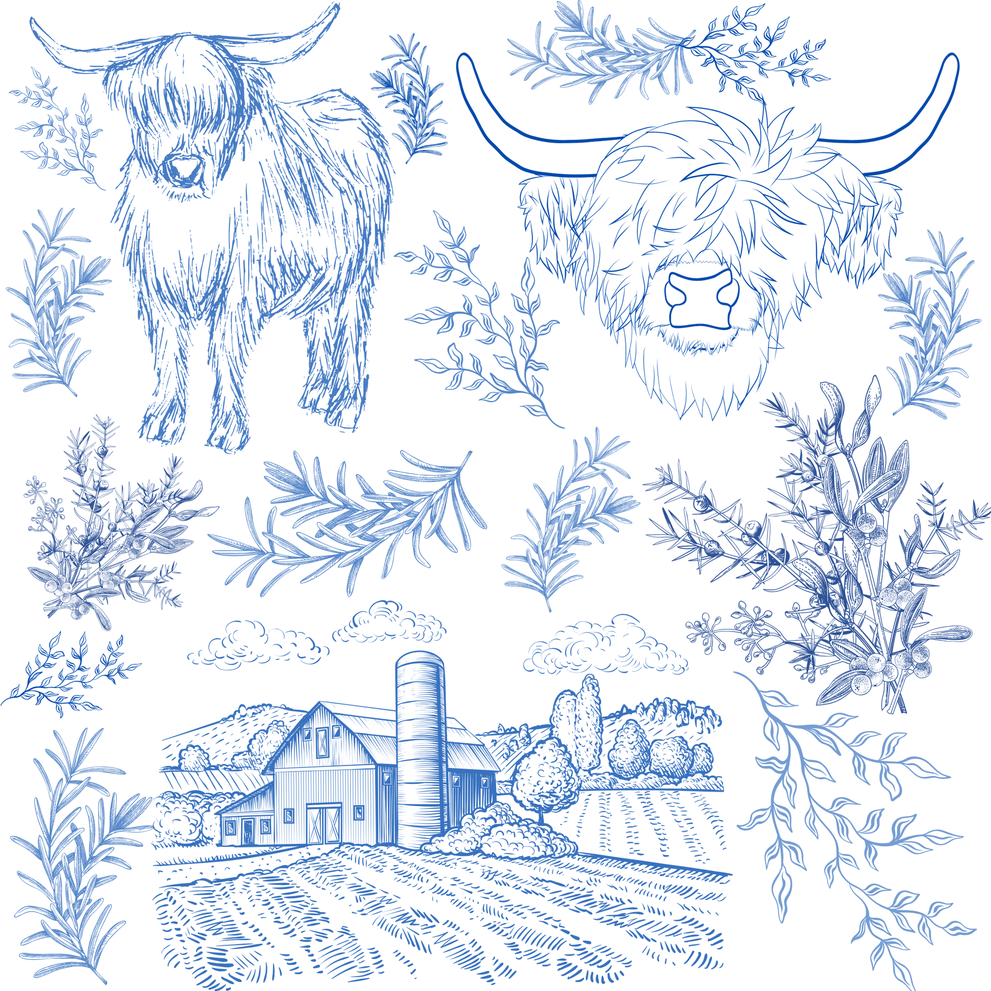 Highland Cow Toile de Jouy Farm Scene