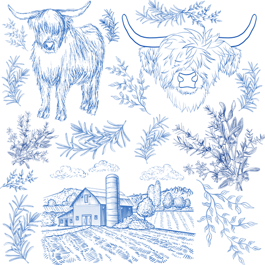 Highland Cow Toile de Jouy Farm Scene