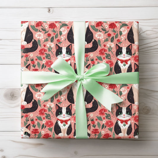 Cat and Floral Pattern on Pink Background Gift Wrap Roll