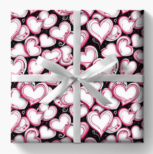 Elegant Pink, White and Black Heart Design Gift Wrap
