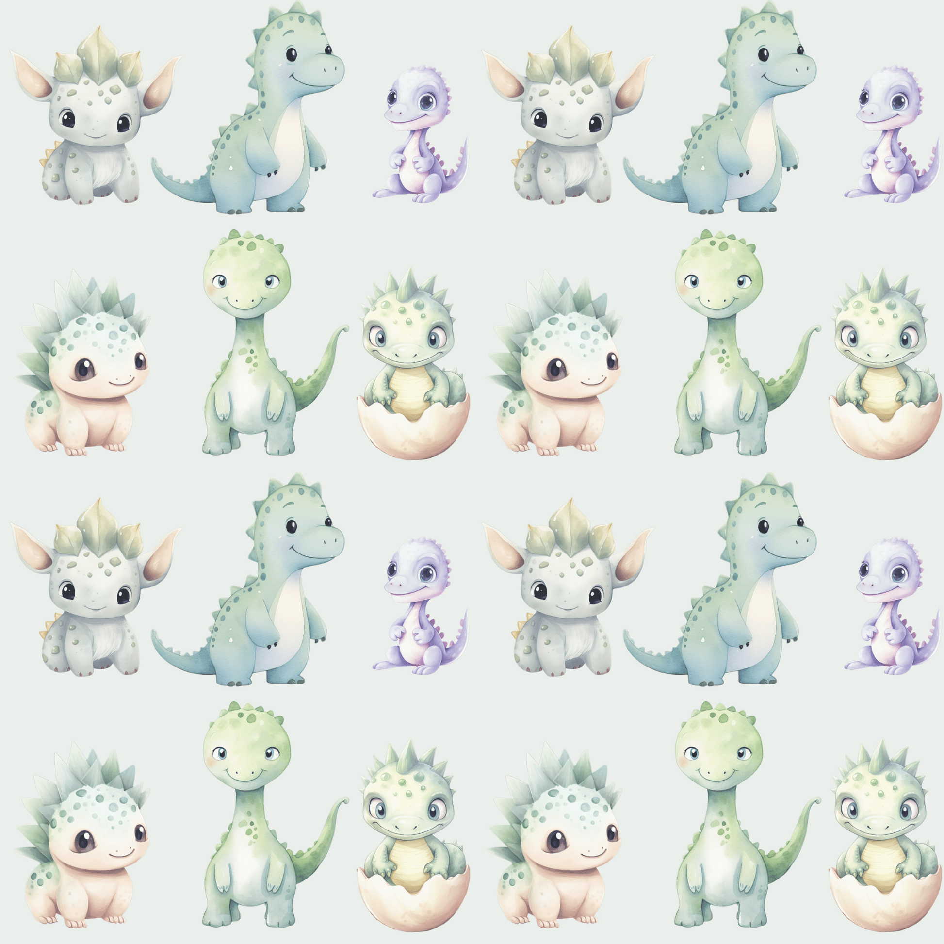 Cute Baby Dinosaurs on Light Green Background