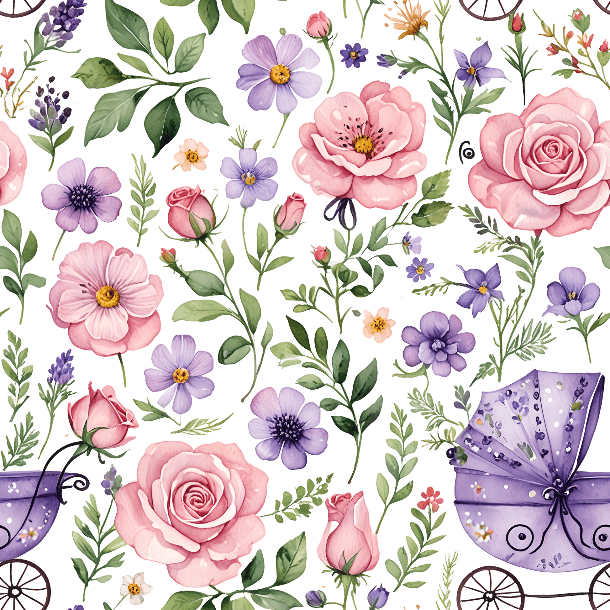 Baby Shower Gift Wrap with Floral and Baby Carriage Design