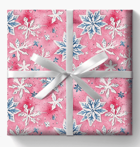 Frosted Flurries & Blush Whirlwinds – Pink Snowflake Wrapping Paper