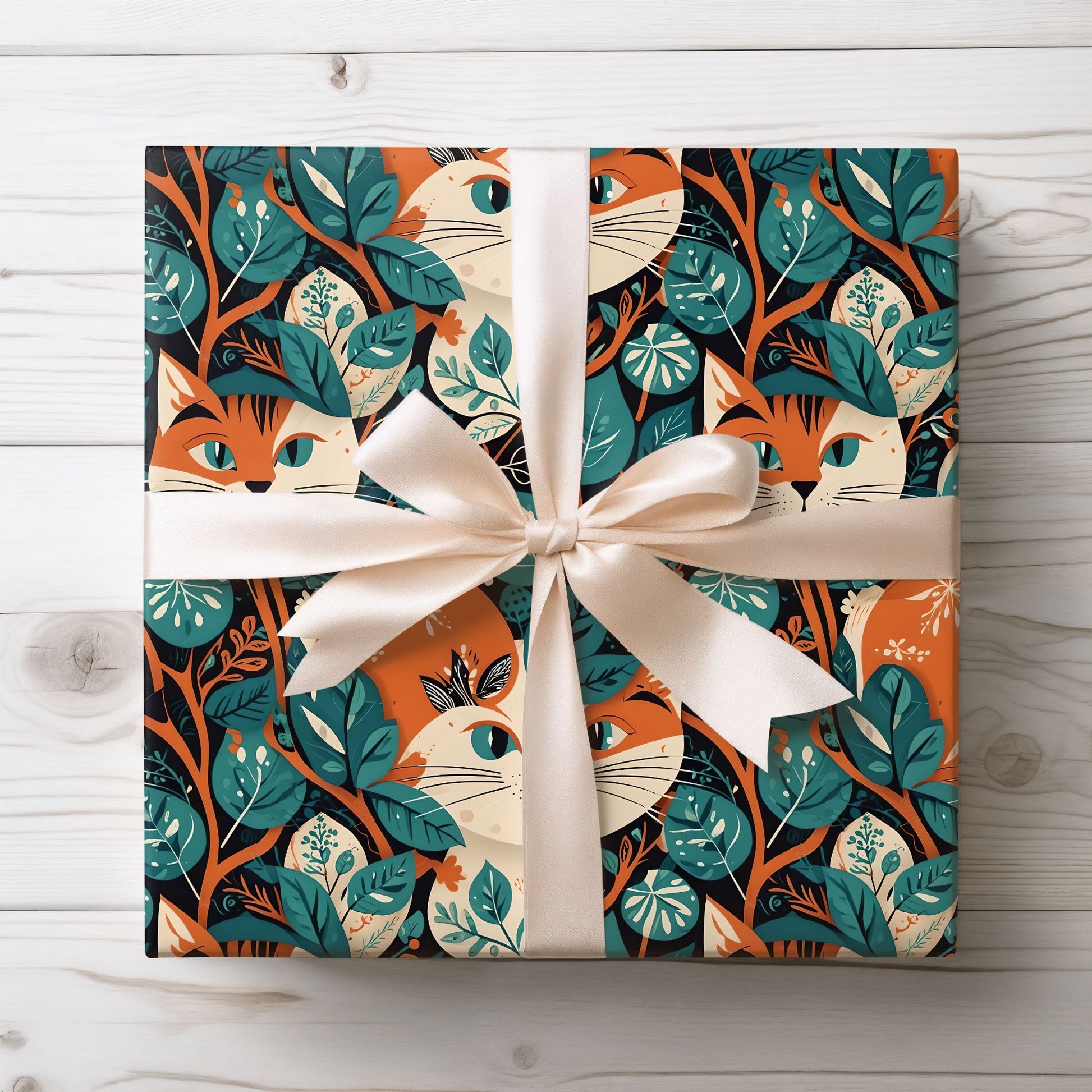 Green Orange Retro Cat Pattern Gift Wrap