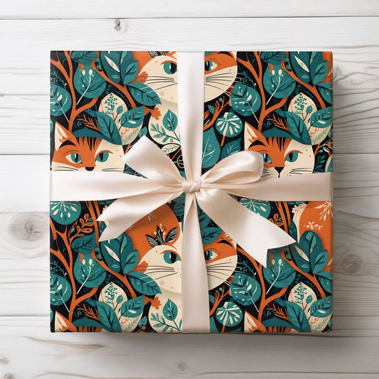Green Orange Retro Cat Pattern Gift Wrap
