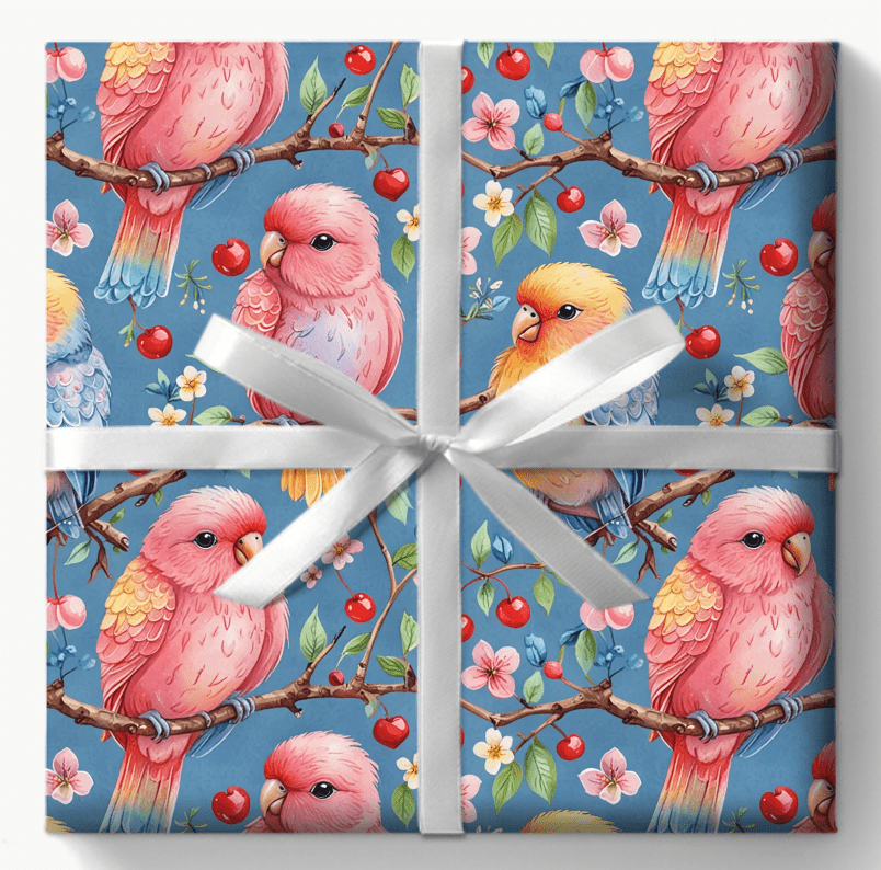 Pastel Lovebirds Cute Valentines Day Gift Paper with Cherries and Flowers