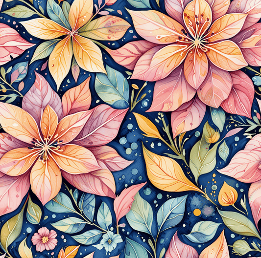 Pink and Yellow Flowers on Blue Background