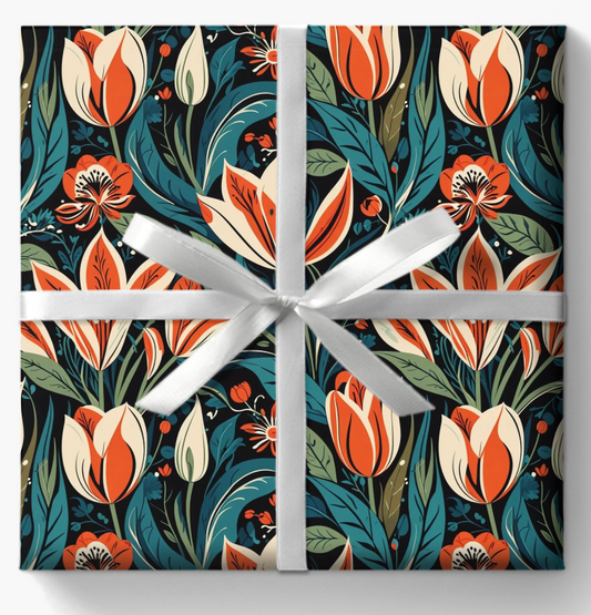 Orange Green Blue Botanical Floral Wrap for Presents