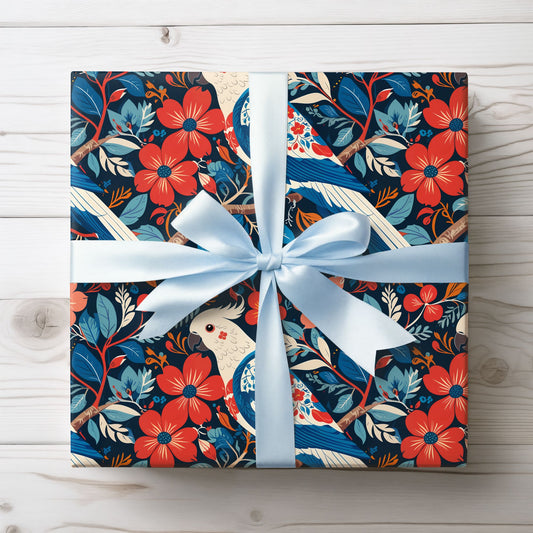 Red and Blue Parrot Floral Gift Wrap Paper